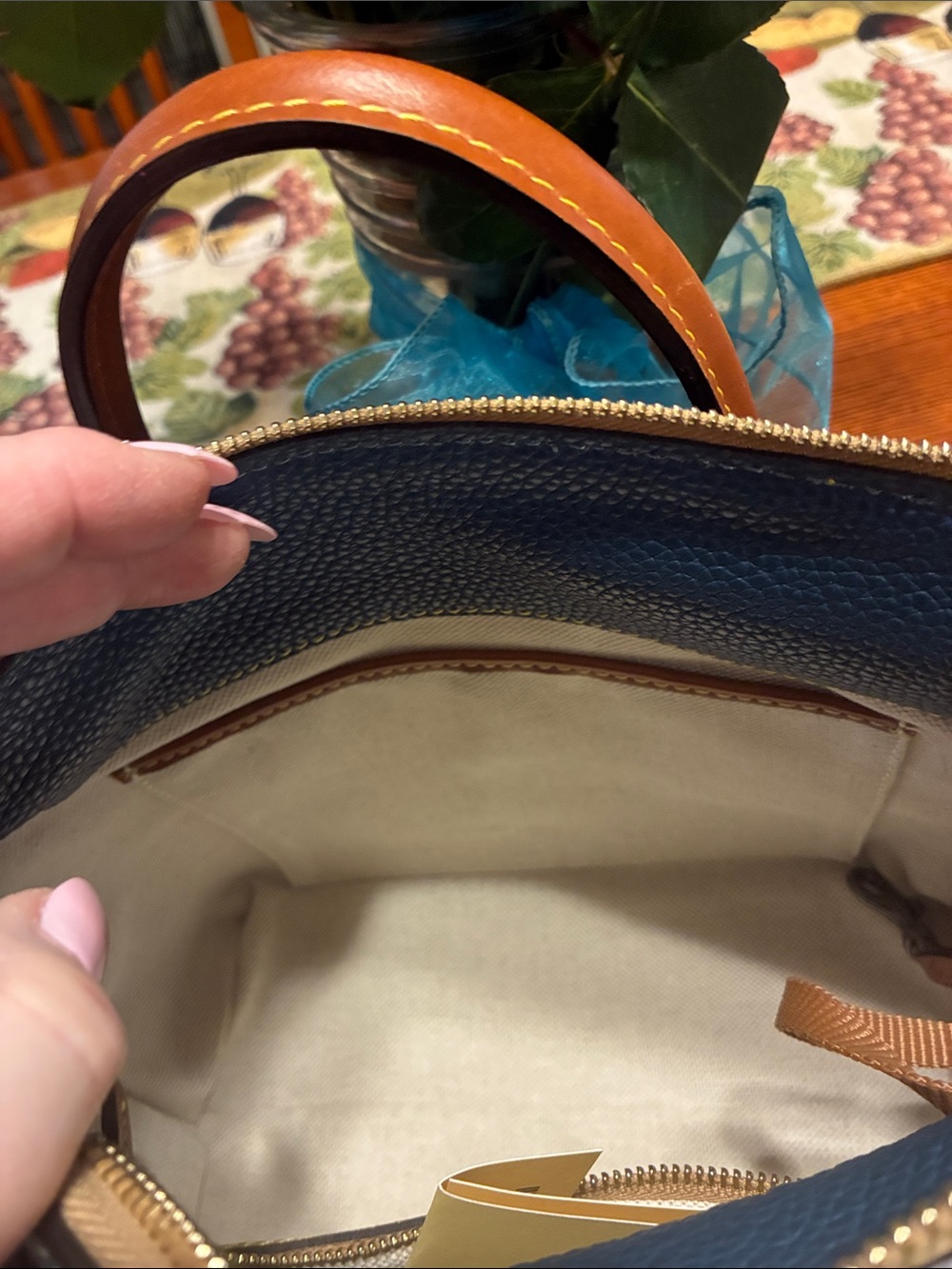 Dooney & Bourke Blue Pebbled Leather Satchel with Brown Trim and Gold Charm - Picture 4 of 9